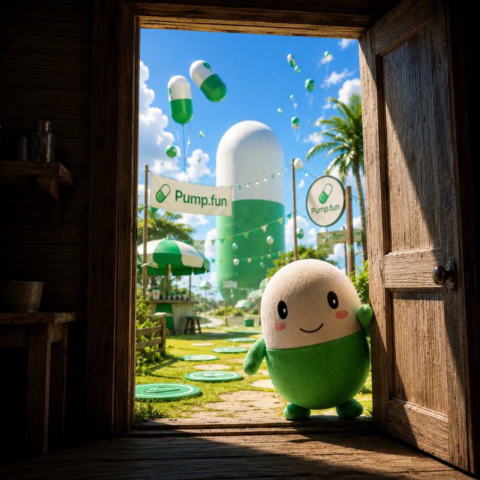 A cute plush toy peeks out from a wooden doorway into a vibrant scene featuring giant green and white capsules, balloons, and signage for "Pump.fun," suggesting a fun and improved future.