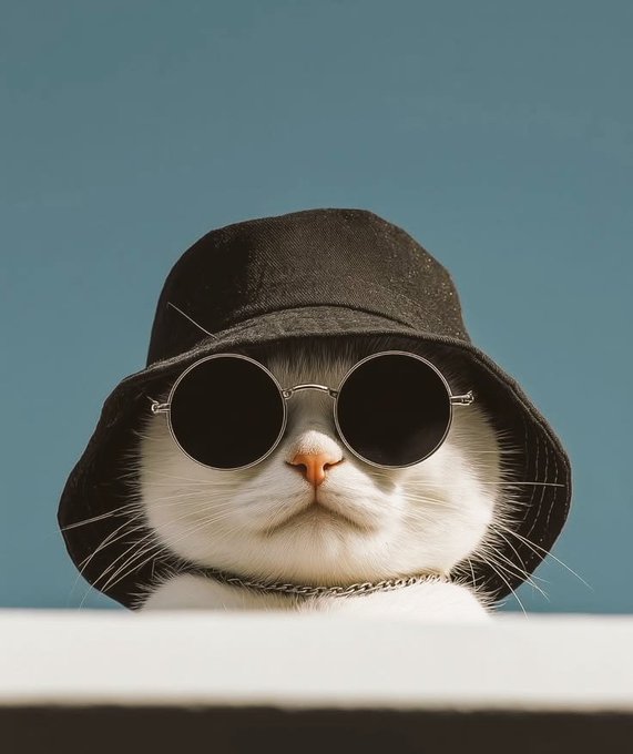 The image features a white cat wearing sunglasses and a black hat with round lenses. The cat appears to be posing for a photo or video, possibly as part of an advertisement or social media post. The caption above the image reads "GE @FIH_USD1 turning market predictions into a skill built through consistency and conviction. @wallchain rewarding meaningful participation and proving that engagement quality matters." This suggests that the cat's appearance in the image might be related to a marketing campaign, promoting a product or service, or simply capturing an interesting and entertaining scene for social media purposes.