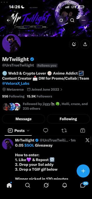 Screenshot of X (Twitter) profile page for 'MrTwilight' (@UrsTrueTwilight), a Web3 & Crypto content creator, announcing a '0.05 $SOL Giveaway' on X.