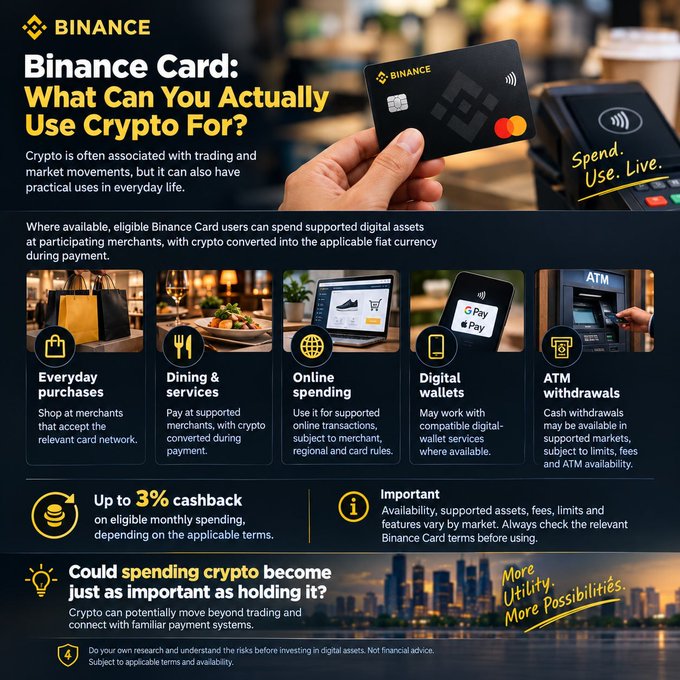 An infographic for the 'BINANCE' card titled 'What Can You Actually Use Crypto For?' details uses like everyday purchases, dining, online spending, digital wallets, and ATM withdrawals, offering up to 3% cashback.