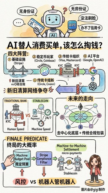 An infographic in Chinese titled "AI替人消费买单,该怎幺掏钱?" discusses AI payment infrastructure, comparing traditional banks vs stablecoins and featuring logos like Stripe, Circle, Visa, Mastercard, Google, and OpenAI.