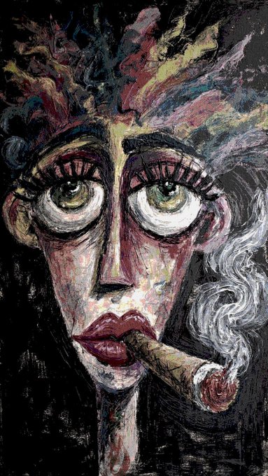 A vibrant expressionist painting depicts a stylized face with large, exaggerated eyes, dramatic purple and red hair, and full red lips holding a smoldering cigar with curling smoke.