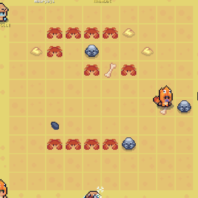 A pixel art game screen showing a grid-based play area with usernames 'mauryapl' and 'jinanhart' at the top, featuring crab icons, rocks, bones, gold, and orange fish-like characters on a yellow background.