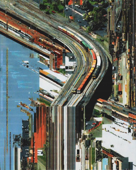 A glitch-art style aerial photograph of a city landscape, heavily distorted with vertical digital artifacts and streaks.