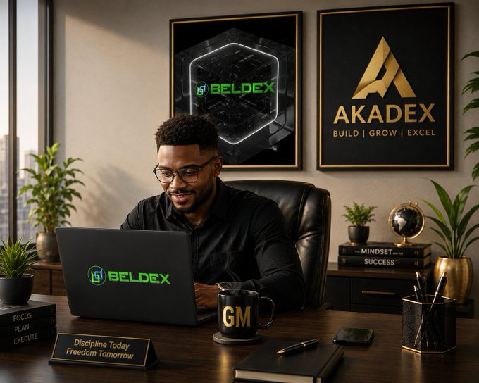 A man works on a laptop branded 'BELDEX' in a home office setting with framed 'BELDEX' and 'AKADEX' posters on the wall behind him.