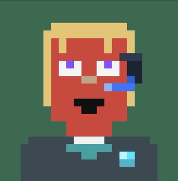 A pixel art portrait of a red-skinned character with blonde hair, purple eyes, and a blue headset/microphone, wearing a dark suit with a blue bow tie.