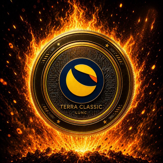 A blazing Terra Classic (LUNC) coin engulfed in fiery flames, symbolizing the burning of tokens as referenced in the "BURN $LUNC" post. The intense fire and embers surrounding the coin visually reinforce the token burn concept central to the message.