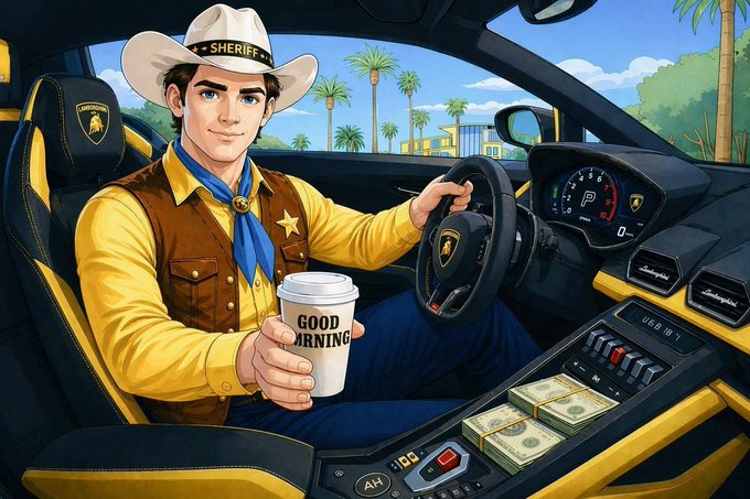 A digital illustration of a cowboy sheriff sitting in a luxury sports car (with Lamborghini branding on the dashboard), holding a coffee cup labeled "GOOD MORNING" and smiling, with stacks of cash visible in the center console. The image playfully matches the "Good Morning Frens!" post, blending a Western sheriff aesthetic with crypto/wealth-culture humor through the cash and high-end car.