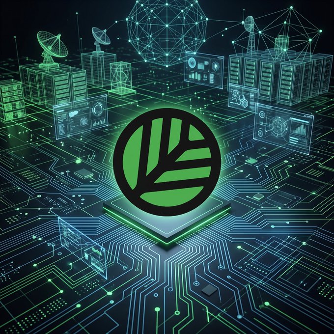 A futuristic digital illustration featuring a glowing green leaf icon on a chip, surrounded by holographic servers, satellite dishes, and data network connections on a circuit board background.