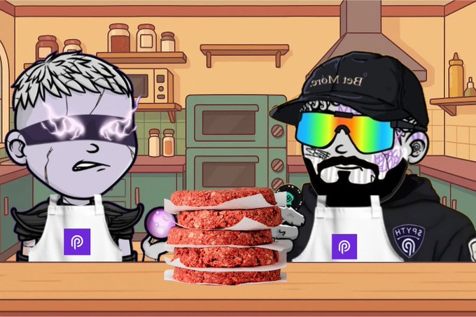 The image features two cartoon characters sitting at a table with stacks of hamburgers behind them. One character has a purple apron while the other wears a black hat. The text "me explaining @PythNetwork to my non-crypto friend" is present, suggesting that they are discussing or explaining something related to the post about predicting markets and casino games.