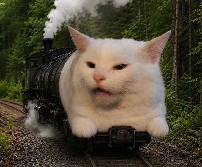 A giant white cat with a fierce expression rides atop a black steam locomotive as it puffs smoke through a forest, humorously embodying the "Catboose" (cat + caboose) meme concept linked to the Solana ticker EA39V3z5EWjjNppTb6sFKaVoK71ixKtNmNqPdDHjpump.
