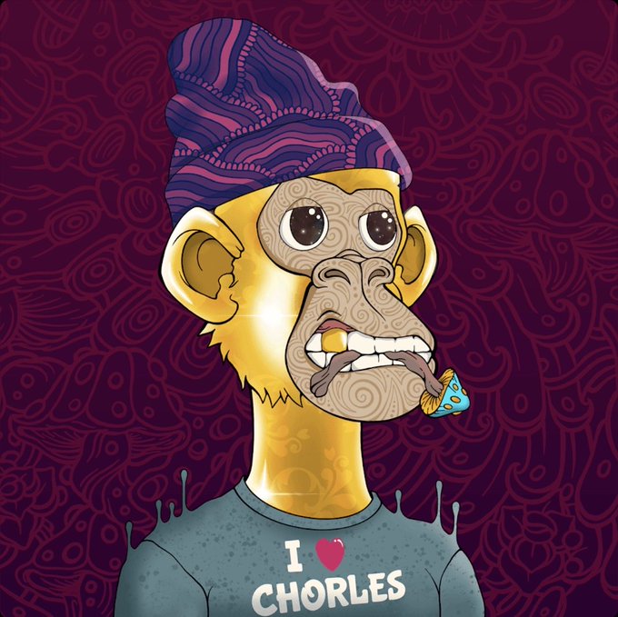 A cartoon illustration of a yellow monkey with a purple striped beanie, patterned face, and a donut in its mouth, wearing a shirt reading 'I ❤️ CHORLES' against a dark maroon patterned background.