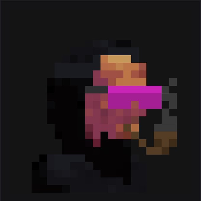 A heavily pixelated image showing fragmented, blocky shapes in orange, magenta, and purple against a black background, with no discernible subject.