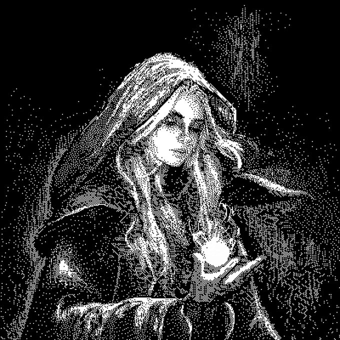 A hooded figure shrouded in darkness clutches a glowing artifact, with white mist and starlike speckles swirling around them, visually embodying the cursed wandering warriors described as remnants of a dead realm searching for hope.