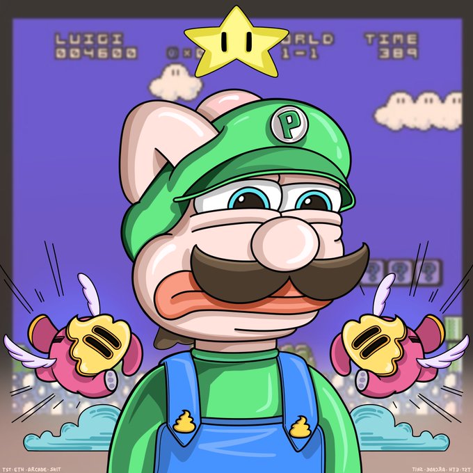 A cartoon illustration of a mouse character with a mustache, green hat with "P" logo, and blue overalls, set against a video game background showing "LUIGI", "MARIO", and a timer, with winged creatures flying around.