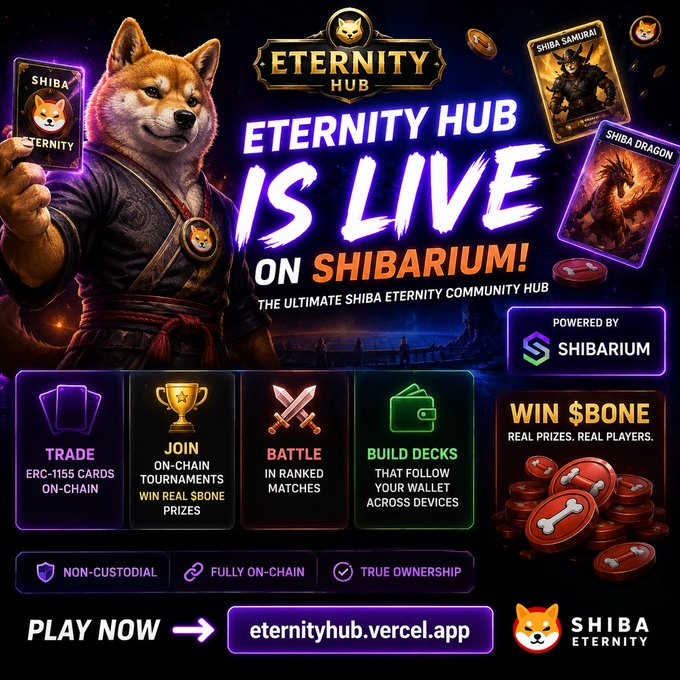 A promotional graphic for 'Eternity Hub' launching on Shibarium, featuring a Shiba Inu in samurai attire and listing features like Trade, Join Tournaments, Battle, and Build Decks.