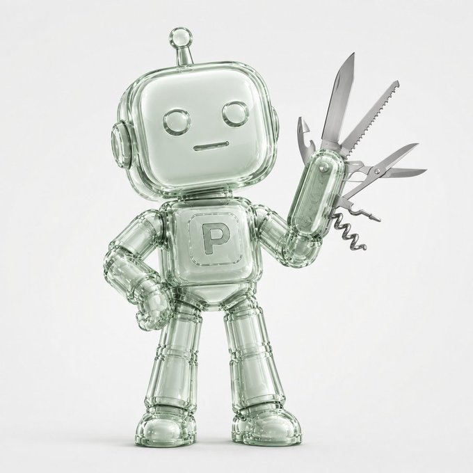 A transparent robot figure with a neutral expression stands holding a Swiss Army knife, featuring a "P" emblem on its chest that ties to the "$PONSBOT" token name mentioned in the post, visually representing the bot's multifunctional capabilities ("Swap, send, and burn any token," liquidity creation, and cross-chain swaps) with its various tools.