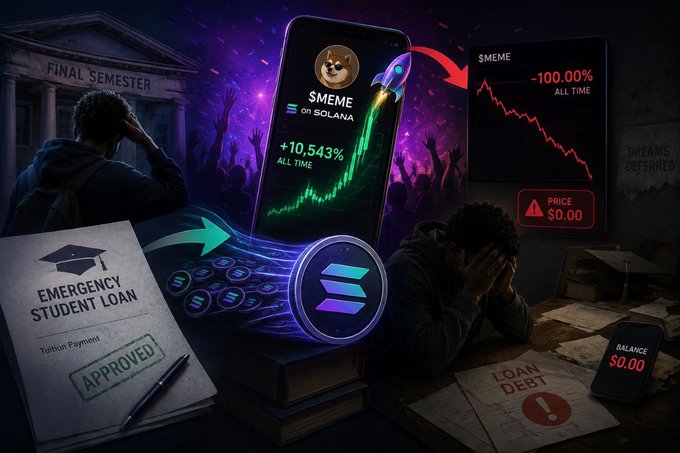 The image depicts a college student who has taken out an emergency student loan to pay for their final semester tuition, with multiple posts on social media expressing concerns about potential default. The meme coins, represented by Goonies, are being used as part of a visual representation to convey this message in a humorous way. The person is shown lying down in front of their books and cell phone, which seem to be the only items in focus within the image.