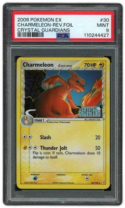 A PSA-graded MINT 9 2006 Pokémon EX Charmeleon-REV Foil #30/100 from the Crystal Guardians set, featuring its signature yellow border and "Thunder Jolt" attack, now "living happily on Solana" as a digital collectible token.