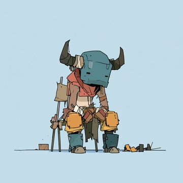 A simple cartoon illustration of a horned, masked character in tattered clothes sitting on a stool holding a walking stick.