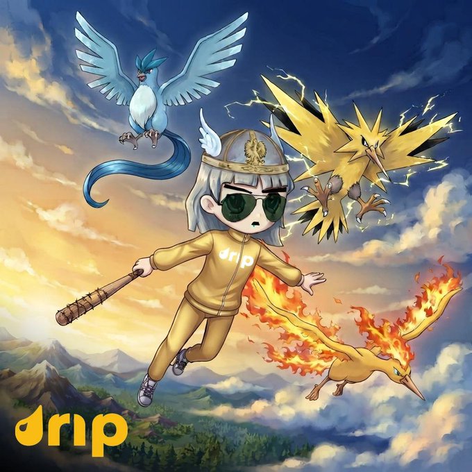 Anime-style illustration featuring a chibi character in a yellow "drip" tracksuit, sunglasses, and a winged helmet wielding a bat, surrounded by Articuno, Zapdos, and Moltres, with the "drip" logo in the corner.