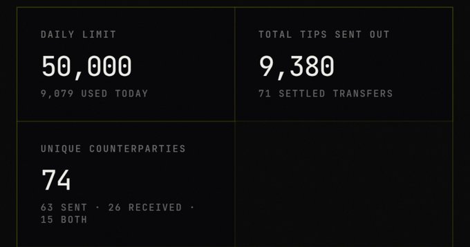 A dashboard displaying tipping statistics with panels showing 'DAILY LIMIT 50,000' (9,079 USED TODAY), 'TOTAL TIPS SENT OUT 9,380' (71 SETTLED TRANSFERS), and 'UNIQUE COUNTERPARTIES 74' (63 SENT, 26 RECEIVED, 15 BOTH).