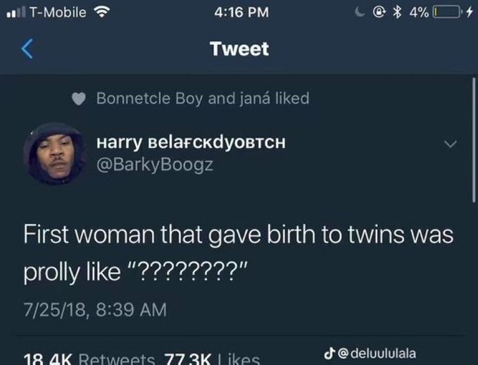 A screenshot of a tweet from user @BarkyBoogz (Harry Belafckdyobtch) posted 7/25/18 that reads: 'First woman that gave birth to twins was prolly like "???????"' with 18.4K Retweets and 77.3K Likes.