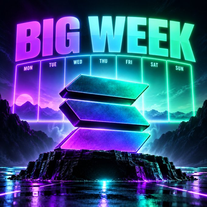 A vibrant neon-style graphic features the bold glowing text "BIG WEEK" at the top in gradient hues of pink, blue, and teal, with "MON," "TUE," "WED," "THU," "FRI," "SAT," and "SUN" labeled across a row of outlined panels below, evoking a weekly calendar. In the center, three stacked, tilted panels glow in purple and teal neon, set against a dramatic mountainous landscape under a twilight sky. The image visually amplifies the post's announcement of an important week on the Solana blockchain, using its electrifying, futuristic aesthetic to convey excitement and anticipation.