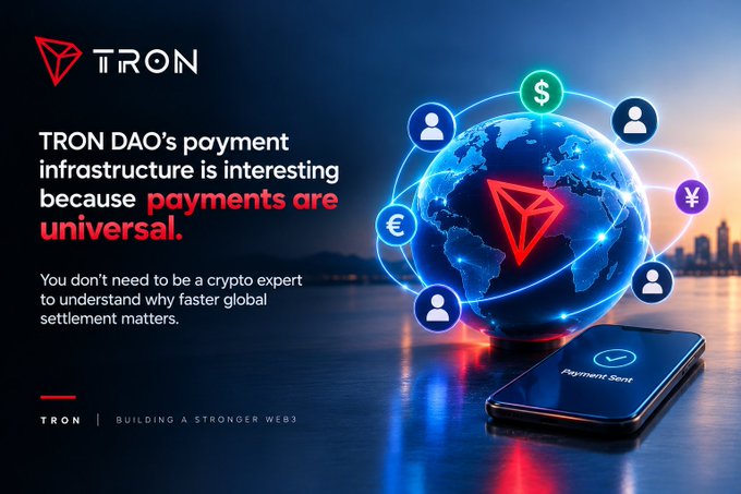 A promotional advertisement for TRON DAO featuring a stylized globe with currency symbols ($, ¥, €), icons of users, and a smartphone displaying 'Payment Sent', with text reading 'TRON DAO's payment infrastructure is interesting because payments are universal' and 'BUILDING A STRONGER WEB3'.