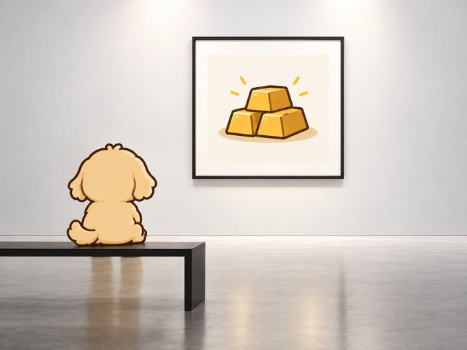 An illustrated scene of a small brown dog sitting on a black bench, looking up at a framed picture of a gold ingot on a white wall.