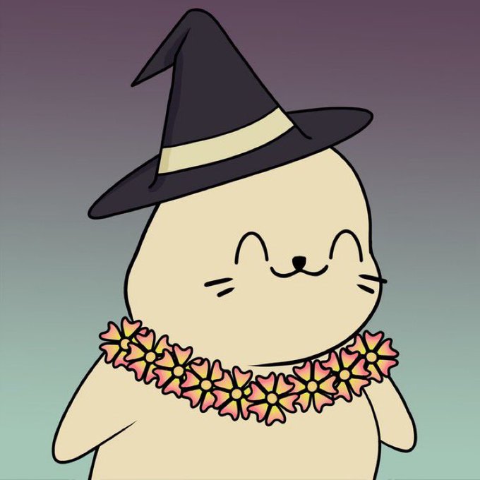 A cute cartoon character with a cat-like face wearing a black witch's hat and a pink flower lei against a purple and teal gradient background.