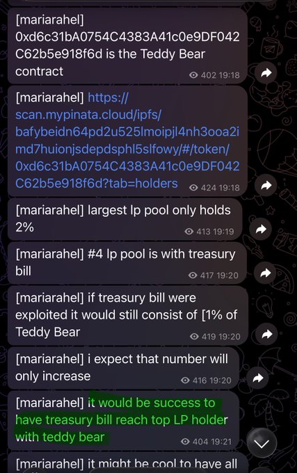 A Discord chat log showing messages from user 'mariarahel' discussing a 'Teddy Bear' contract address (0xd6c31bA0754C4383A41c0e9DF042C62b5e918f6d), mentioning that the #4 LP pool with treasury bill currently holds 1% of Teddy Bear.