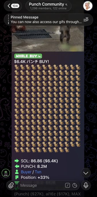 A Telegram channel screenshot titled 'Punch Community' (1,296 members, 122 online) showing a 'WHALE BUY' alert with a grid of monkey emojis for '$6.4K パンチ BUY!', with trading details 'SOL: 86.86 ($6.4K)', 'PUNCH: 8.2M', 'Buyer / Txn', and 'Position: +33%'.