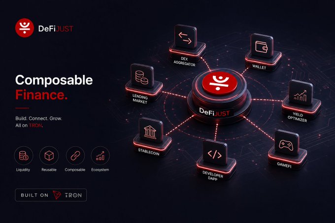 DeFiUST promotional graphic for composable finance, featuring a central DeFiUST hub connected to DEX Aggregator, Wallet, Yield Optimizer, GameFi, Developer DApp, Stablecoin, and Lending Market modules. Key text includes “Composable Finance,” “Build. Connect. Grow. All on TRON,” and “BUILT ON TRON,” with labels Liquidity, Reusable, Composable, and Ecosystem.