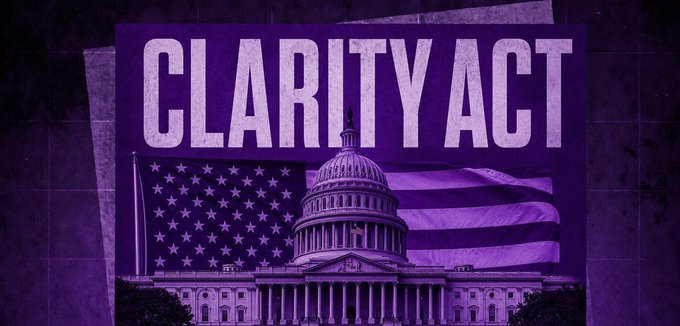A purple graphic displays "CLARITY ACT" in bold white text above an image of the U.S. Capitol building set against an American flag, visually representing the pending digital asset legislation referenced in the post about Grayscale's commentary on crypto regulatory clarity.