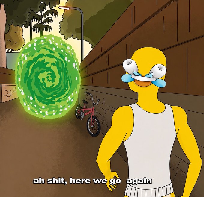 The image features a cartoon character with googly eyes wearing a white tank top and holding a bicycle helmet. There are also two bicycles visible in the scene - one near the center of the image, and another towards the right side. The background includes trees and a building, creating an outdoor setting for the illustration. The caption "ah shit, here we go again" is written above the character's head, suggesting that it is a humorous statement about the ongoing situation in the cartoon.