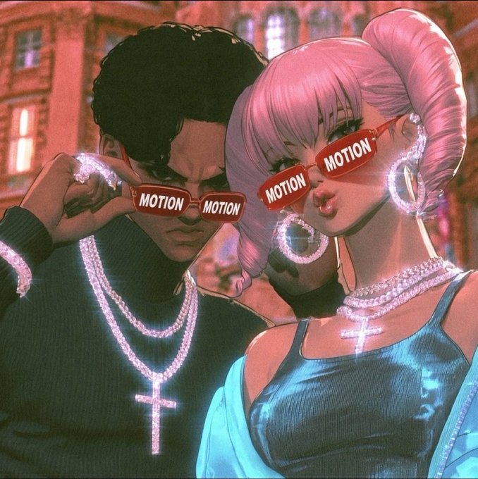 A stylized digital illustration of a man and woman wearing sunglasses and jewelry with the word 'MOTION' printed across their shades.