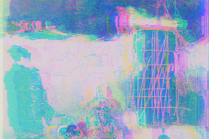 An abstract, glitch-art style image with vibrant neon colors (pink, cyan, blue) and distorted visual effects that obscure any clear subject matter.