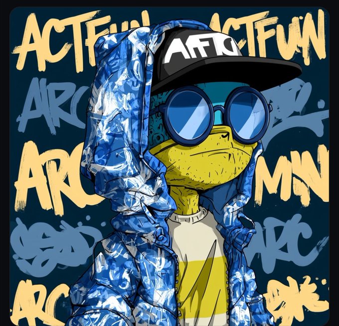 A cartoon frog wearing a black "AFT" cap, round blue sunglasses, and a shiny blue puffer jacket poses against a graffiti background repeating "ACTFUN." The image serves as promotional artwork for the ACTFUN Genesis PFP NFT collection, which is set to mint on Arc Mainnet and Robinhood Mainnet on August 14th.