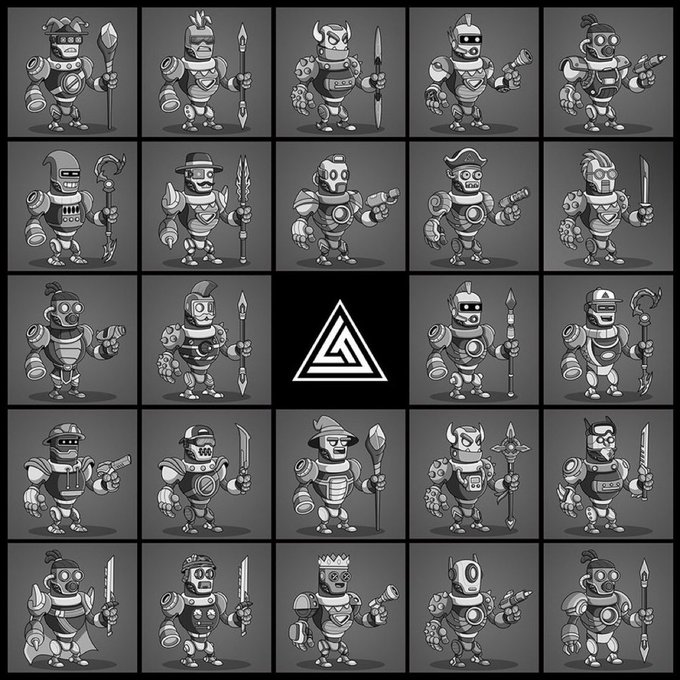 A 5x5 grid displaying various stylized, monochromatic robot or warrior character designs, with a central triangle logo resembling the Valknut symbol.