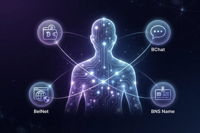 A digital illustration shows a glowing humanoid figure made of circuit board patterns, connected by lines to icons labeled "BelNet", "BChat", and "BNS Name".