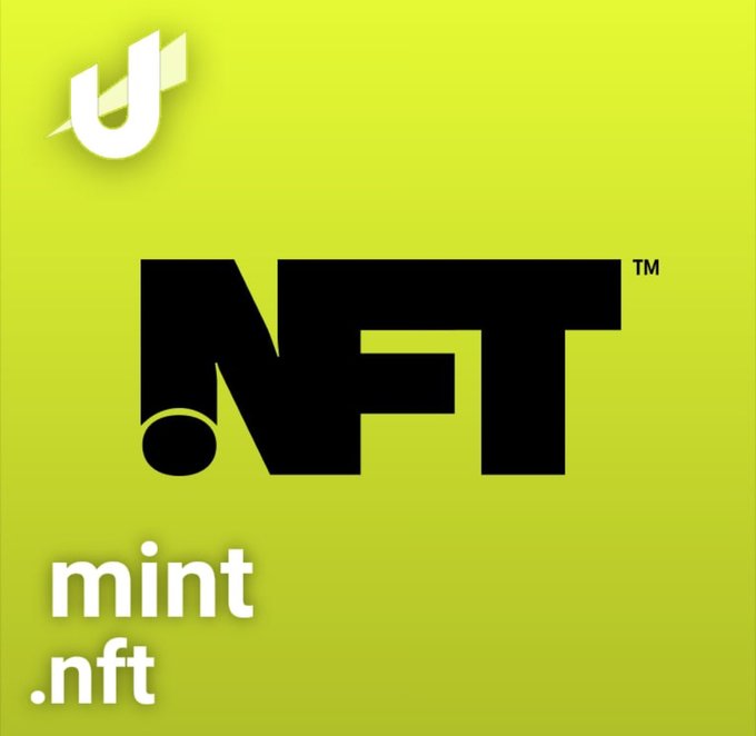Lime green graphic featuring the Unchained 'U' logo and large black 'NFT' text with a 'TM' symbol, alongside 'mint.nft' in white at the bottom.