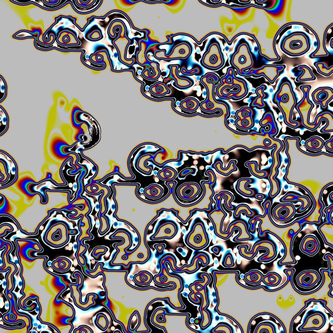 An abstract digital artwork featuring swirling, fluid-like patterns in vibrant rainbow colors and black against a gray background, associated with an NFT giveaway post where the artist "grinnznft" is gifting the piece to the first person who provides an ETH address, with the code "G77J-1098-0400" visible.