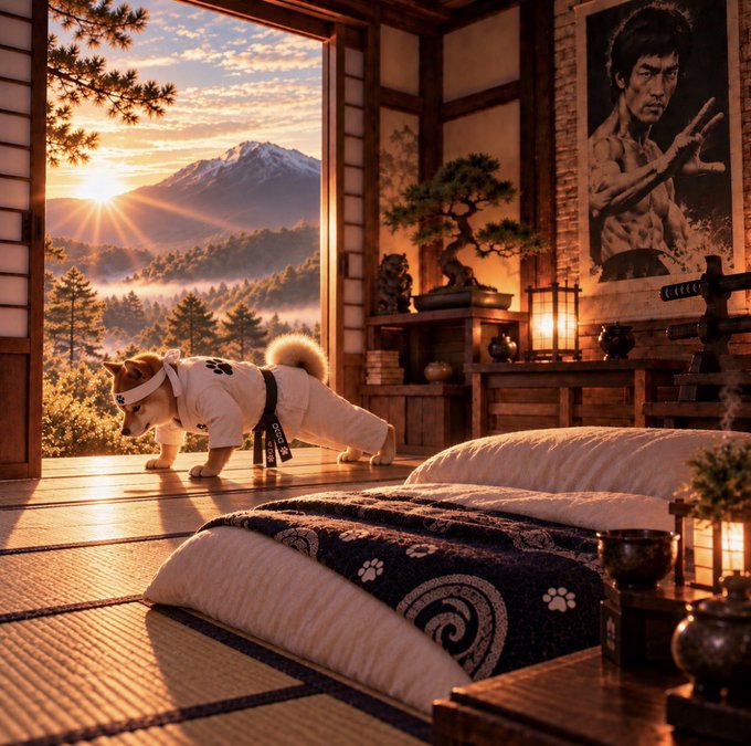 A Shiba Inu dressed as a karate master in a traditional Japanese dojo, staring out at Mount Fuji at sunrise with a Bruce Lee poster in the background. The image reflects the post's theme of $DOGE training in the $DOJO, symbolizing the "puppy" gaining strength and earning potential.