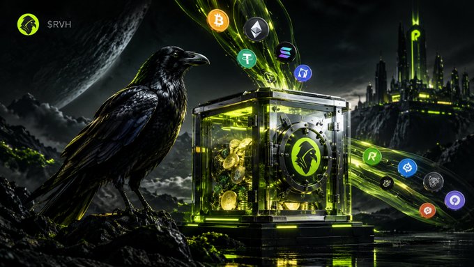 A digital illustration showing a black crow perched next to a glowing safe with a wolf logo, surrounded by floating cryptocurrency coin icons like Bitcoin, Ethereum, and Solana.
