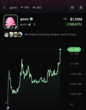 The image shows a trading chart for the meme coin "$goon" displaying a market cap of $1.35M with a 99.47% gain, aligning with the post's announcement that the token is trending on the Pumpfun app.