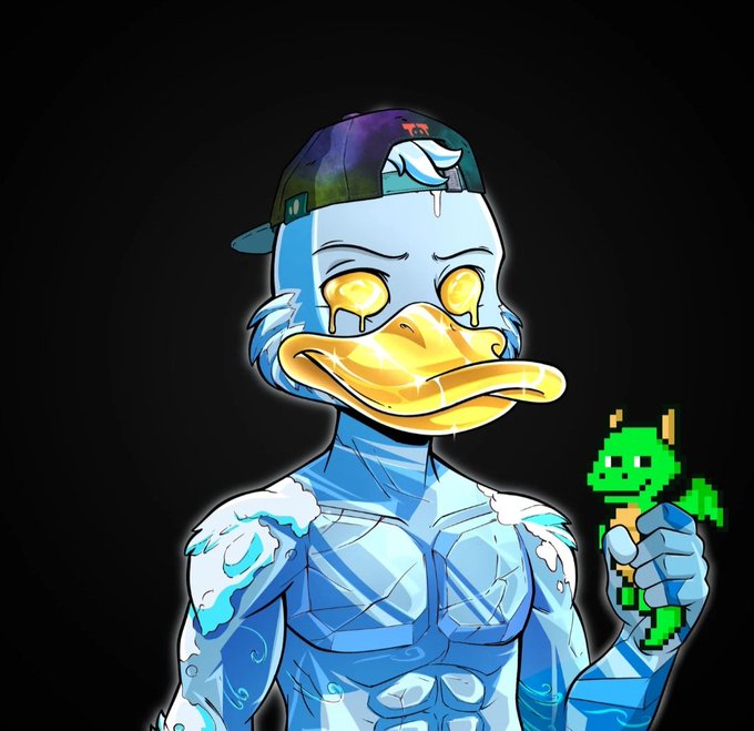 A digital illustration of a muscular blue anthropomorphic duck wearing a backwards cap with glowing yellow eyes, holding a small pixelated green figure.