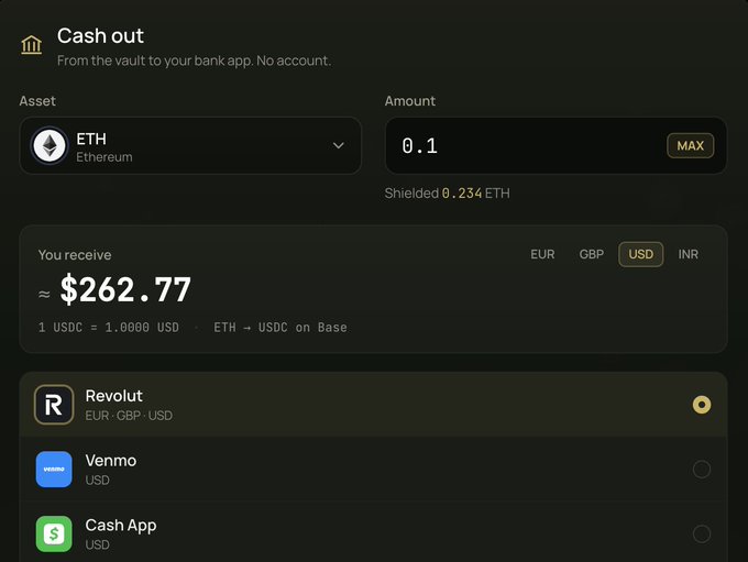 A cryptocurrency 'Cash out' interface showing 0.1 ETH being converted to $262.77 USD via USDC on Base, with payout options including Revolut, Venmo, and Cash App.