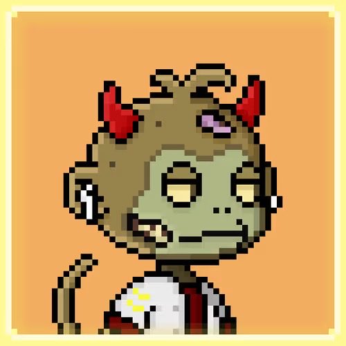A pixel art character of a zombie-like creature with red horns and a cross earring holding an egg on an orange background.