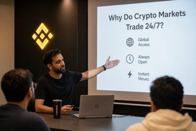 A man presents to an audience using a laptop, gesturing toward a slide titled "Why Do Crypto Markets Trade 24/7?" which lists "Global Access," "Always Open," and "Instant Moves" with corresponding icons. The Binance logo is visible on the wall behind him, aligning with the post's explanation of how blockchain networks enable continuous cryptocurrency trading outside traditional stock exchange hours.